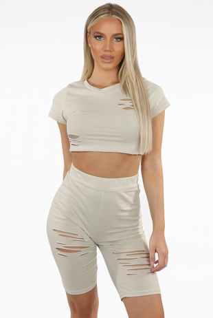 Beige Ripped Trim Round Neck Tops & Short Set