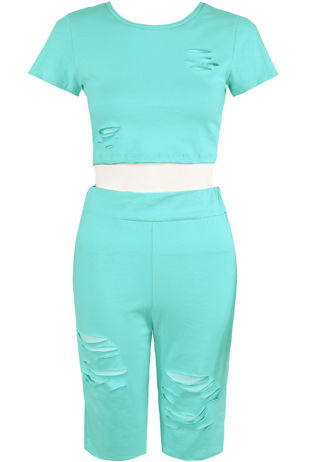 Mint Ripped Trim Round Neck Tops & Short Set