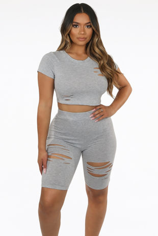 Grey Ripped Trim Round Neck Tops & Short Set