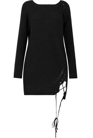 Black Longline With Lace Up Ripped Jumper
