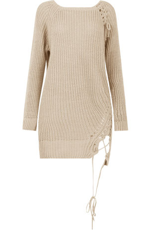 Beige Longline With Lace Up Ripped Jumper