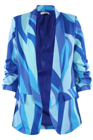 Retro Print Ruched Sleeve Open Blazer