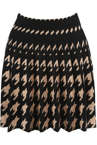 Beige Houndstooth Ribbed Pleated Mini Skirt