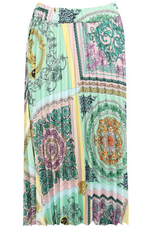 Green Scarf Print Pleated Midi Skirt