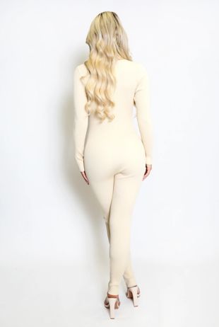Beige Diamante Tie Knitted Unitard