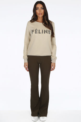 Beige FELINE Slogan Ribbed Jumper
