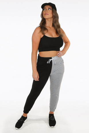 Grey Two Tone Front Tie Up Elasticated Waist Joggers