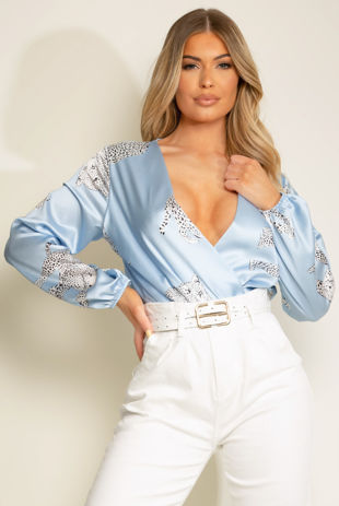 Sky Blue Tiger Print V Neck Wrap Up Bodysuit