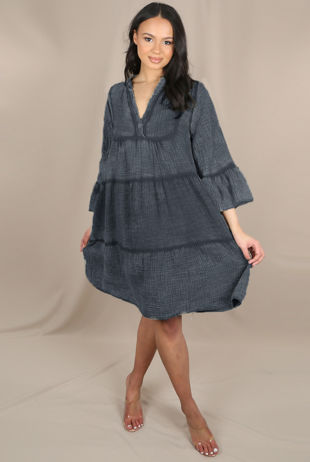 Charcoal V Neck Frill Sleeve Day Dress