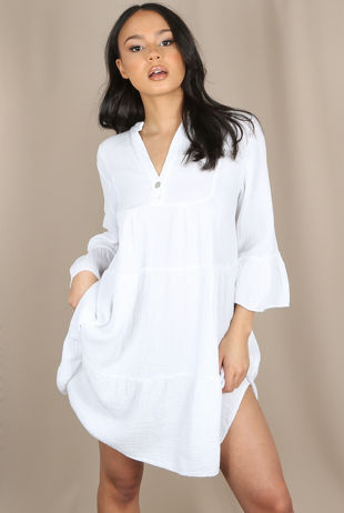 White V Neck Frill Sleeve Day Dress