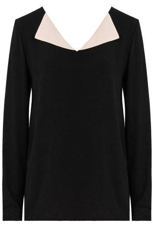 Black Contrast Collar Long Sleeve Tops