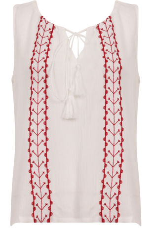White Embroidered Tie Neck Tops
