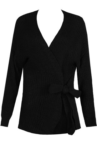 Black Side Knotted Knitted Wrap Cardigan