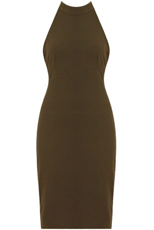 Khaki Tie Neck Back Zip Up Bodycon Dress