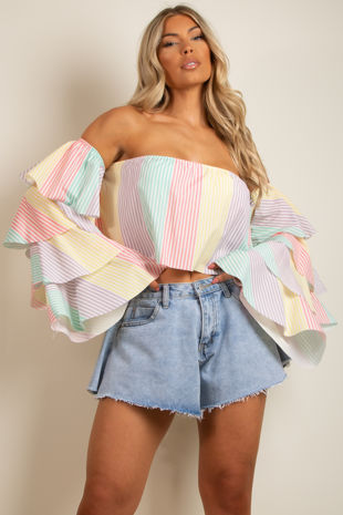 Frill Sleeve Stripe Bardot Crop Tops