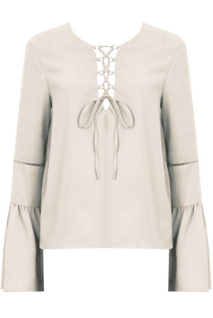 Cream Lace Up Front Bell Sleeve Blouse