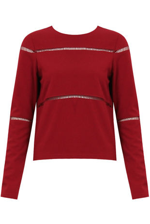 Wine Cut Out Textured Long Sleeve Top
