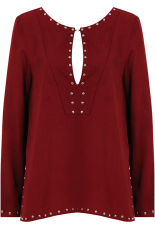 Wine Studded Detail Long Sleeve Tops