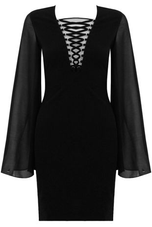 Black Lace Up Front Chiffon Sleeve Evening Dress