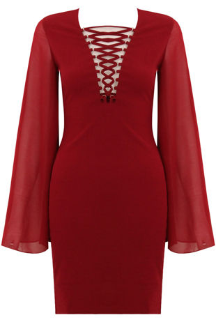 Wine Lace Up Front Chiffon Sleeve Evening Dress