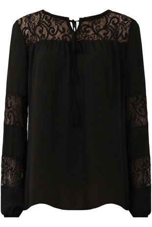 Black Lace Textured Front Tie Up Tops