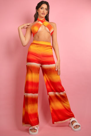 Coral Tie Dye Print Halter Neck Crop Top & Wide Leg Trouser Set