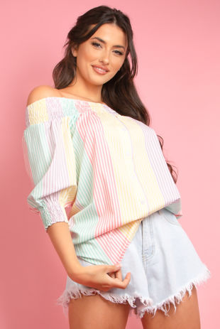 Yellow Stripe Print Bardot Shirt 