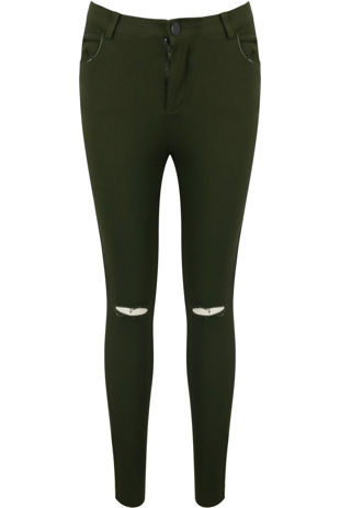 Khaki Super Stretch Knee Ripped Jeans