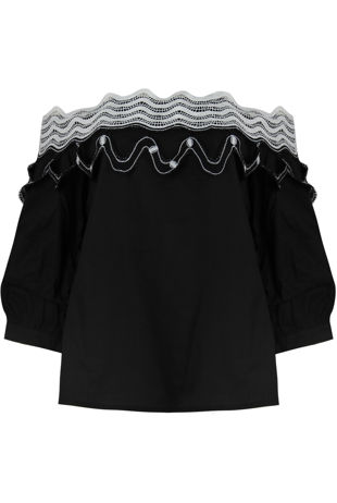 Black Lace Embellished Off Shoulder Crop Tops