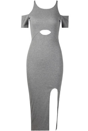 grey Cold Shoulder Side Split Midi Dress