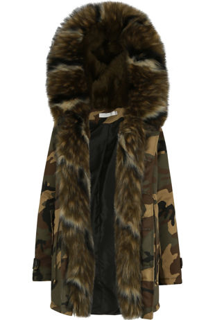 Camouflage Faux Khaki Fur Lining Parka Coat