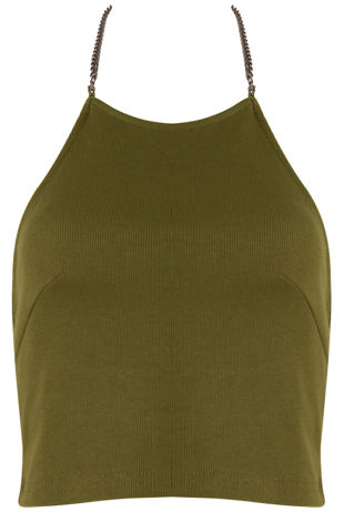 Khaki Chain Ring Halterneck Crop Top