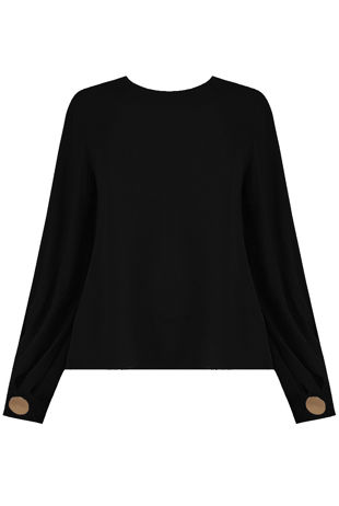 Black Pleated Sleeve Gold Button Textured Top