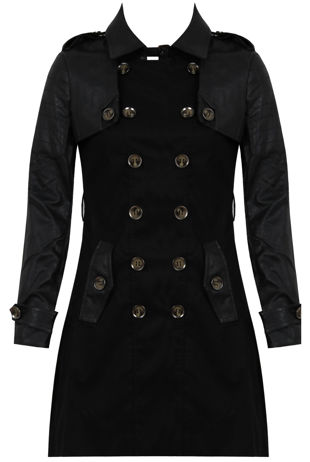 Black PVC Detail Double Breasted Trench Coat