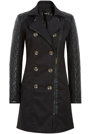 Black Qulited PVC Sleeved Side Zip Trench Coat