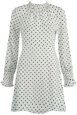 White Polka Dot Ruffle Neck Shift Dress