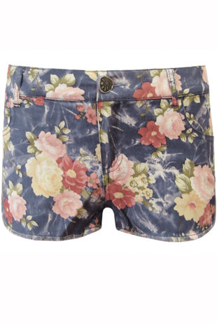 Washed Denim Style Floral Summer Shorts