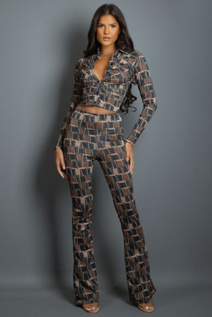 Charcoal Geo Print Lurex Shirt & Trouser Set