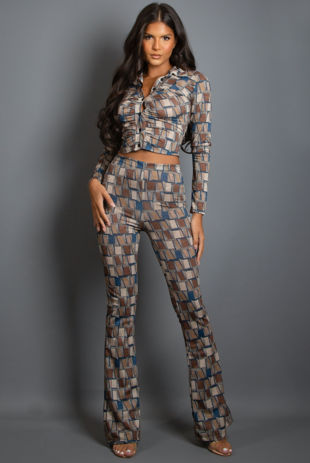 Teal Geo Print Lurex Shirt & Trouser Set