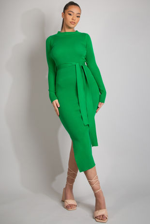 Green Ribbed Round Neck Belted Midi Dress