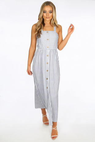 Light Blue Small Striped Front Button Up Maxi Dress
