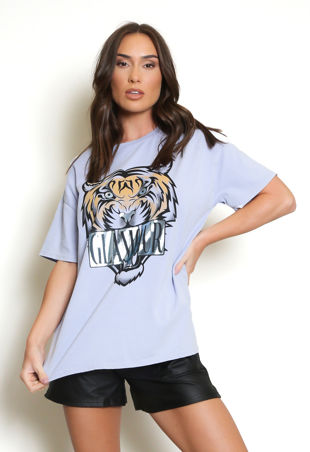 Blue Glamour Tiger Print Round Neck T-Shirt