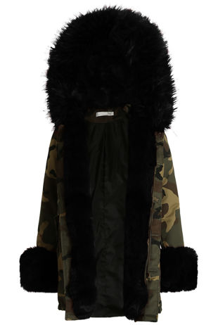  Camouflage Black Fur Hood Parka Coat and Fur cuffs