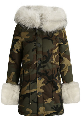 Camouflage White Fur Hood Parka Coat and Fur cuffs