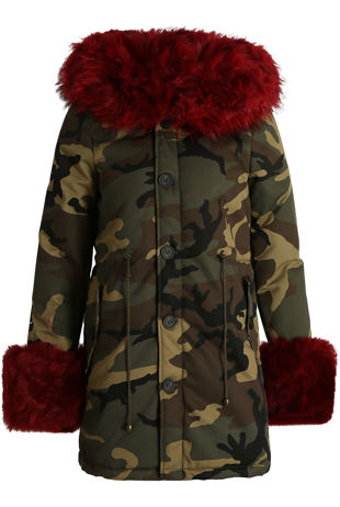  Camouflage Red Hood Parka Coat and Fur cuffs
