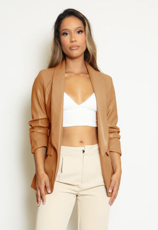 Camel Ruched Sleeve Faux Leather Blazer