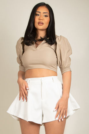Beige Bengaline Puff Sleeve Crop Top