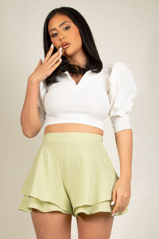 White Bengaline Puff Sleeve Crop Top