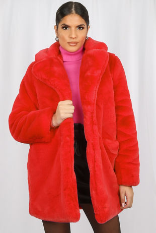 Red Bright Soft Faux Fur Overcoats 