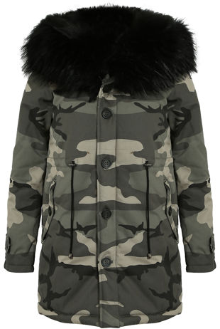Camouflage Parka Coat with Black Fur Hood